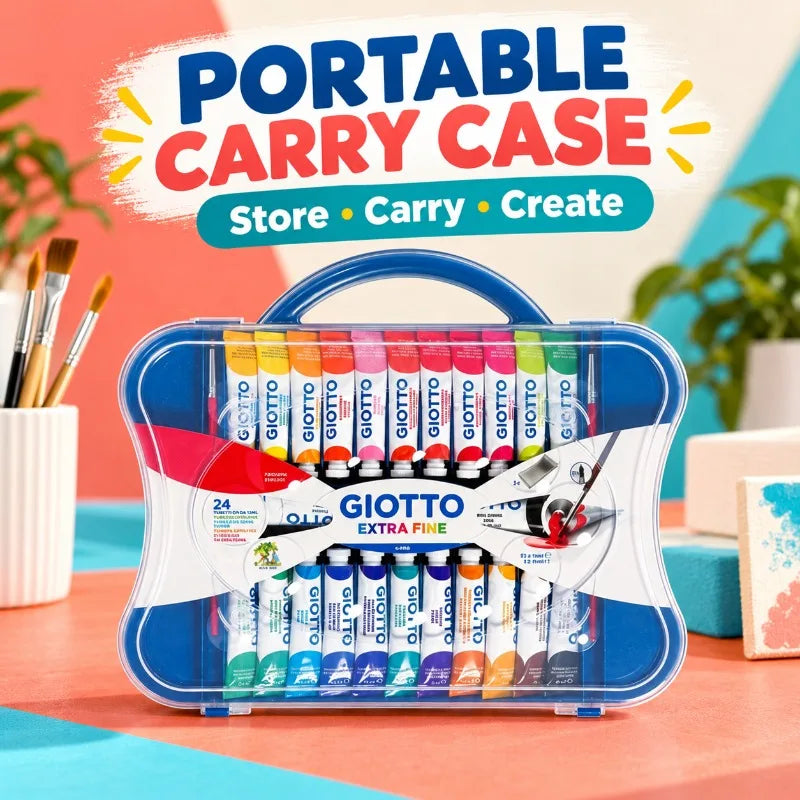 Set di colori a tempera GIOTTO, 24 colori, tubetti da 12 ml, pennello extra fine, con custodia riutilizzabile per il trasporto, ideale per dipingere, miscelare i colori, per l’uso in classe e per attività artistiche domest