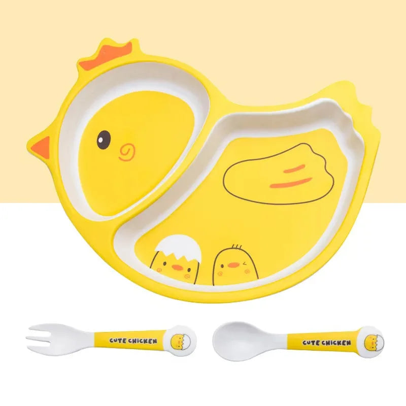 Set di stoviglie in fibra di bambù con pollo simpatico cartone animato: piatto, ciotola, forchetta, cucchiaio per uso domestico, pasti per bambini piccoli, svezzamento del bambino, quotidiano