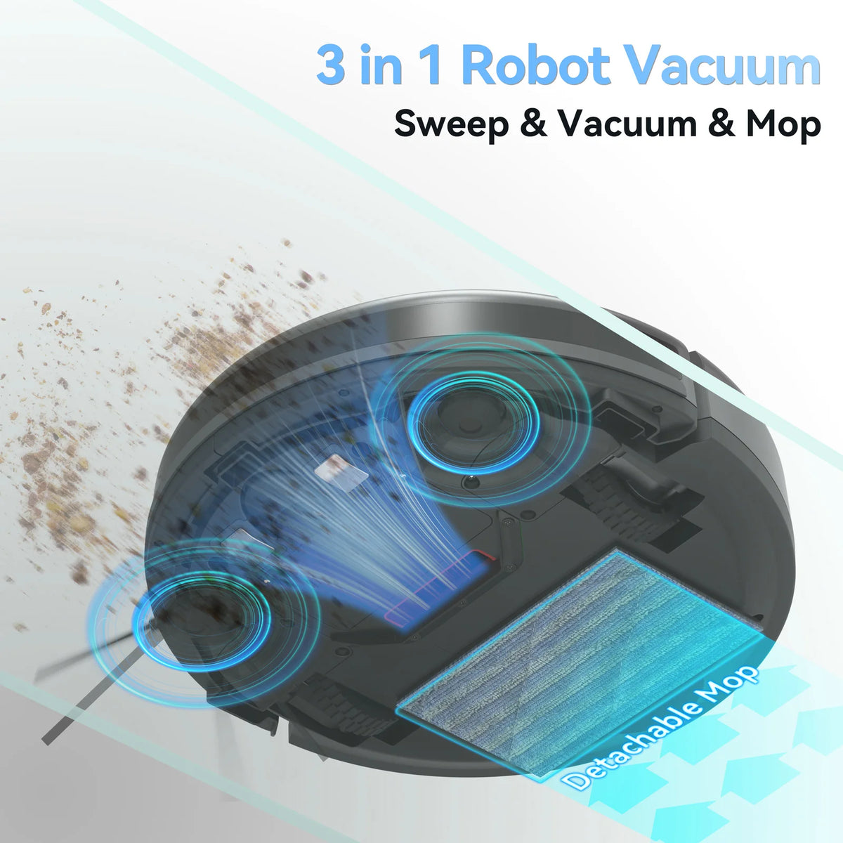 Robot Aspirapolvere 3-in-1 con Pulizia Automatica, Spazzatrice Autonoma con Potente Aspirazione, Mop Staccabile per Casa, Tappeti e Peli di Animali