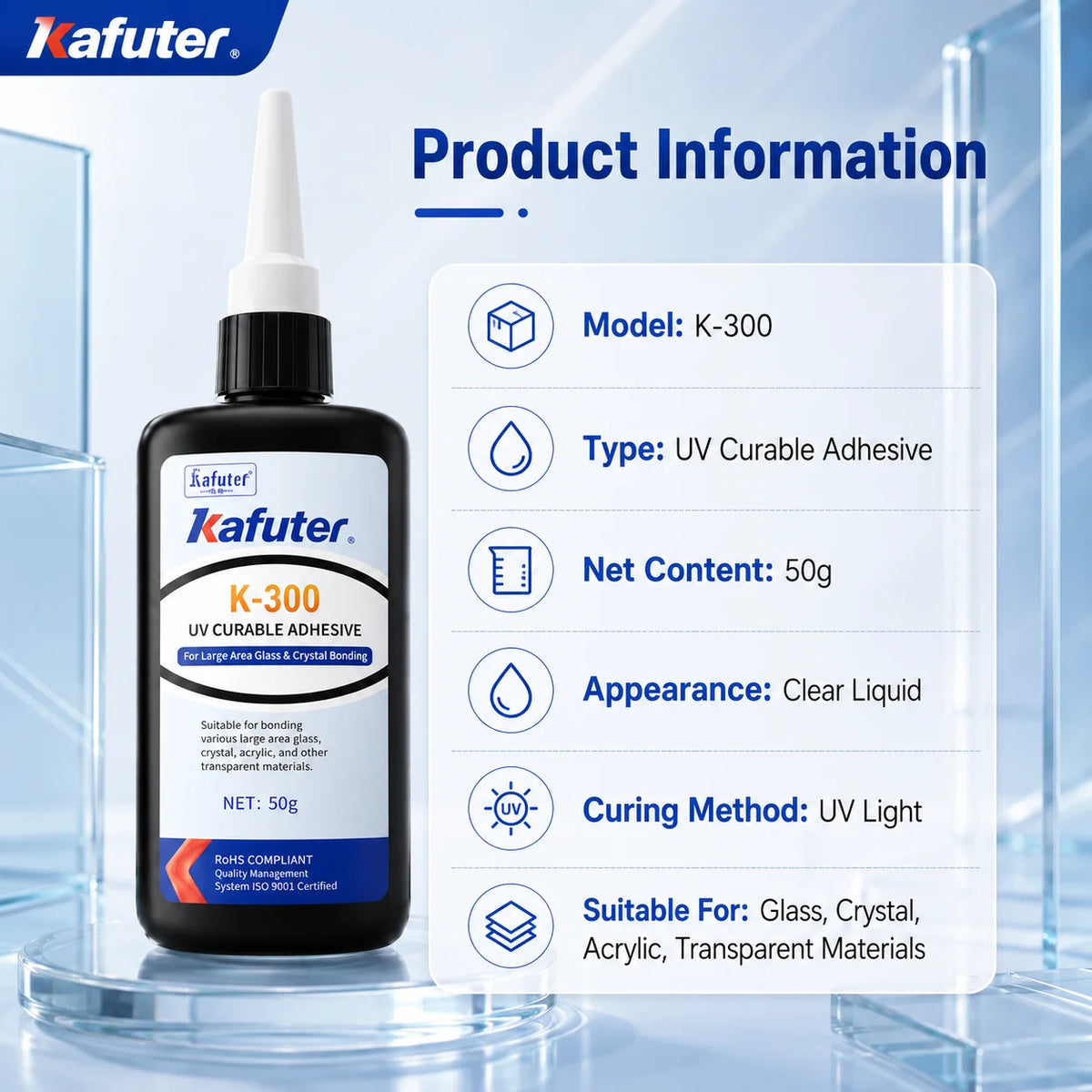 Adesivo UV Kafuter K-300 K-302 K-303 K-306, Colla Trasparente per Vetro, Acrilico e Cristallo, per Riparazioni Fai-da-Te, 50g