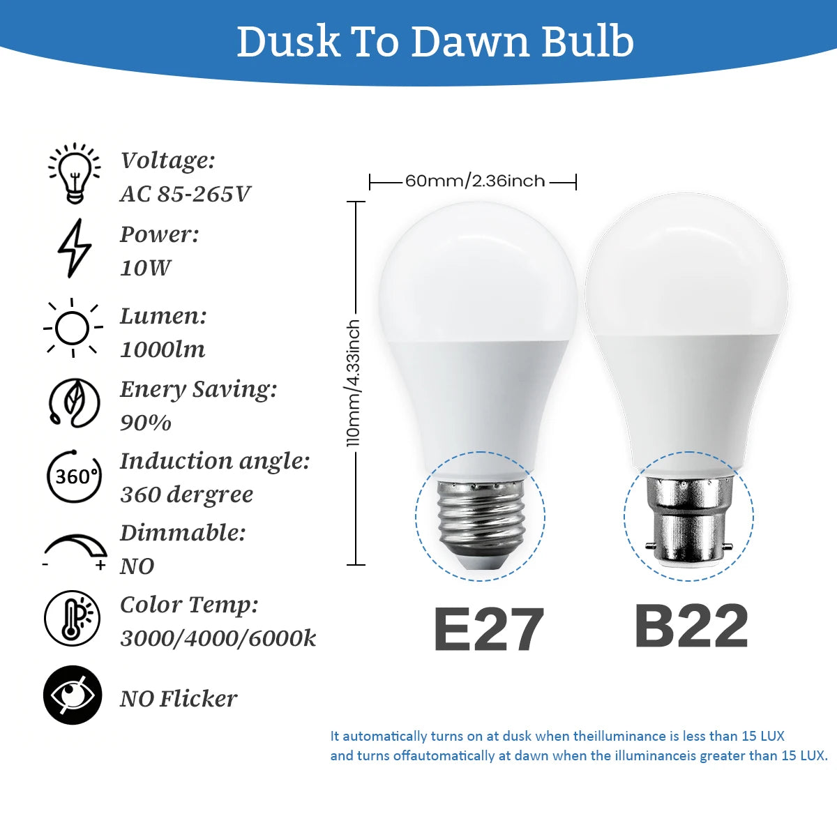 Confezione da 2 Lampadine LED Intelligenti con Sensore E27 B22, Luce Bianca dal Tramonto all'Alba, AC100-240V 1000LM 10W per Portico, Corridoio, Esterni, Garage