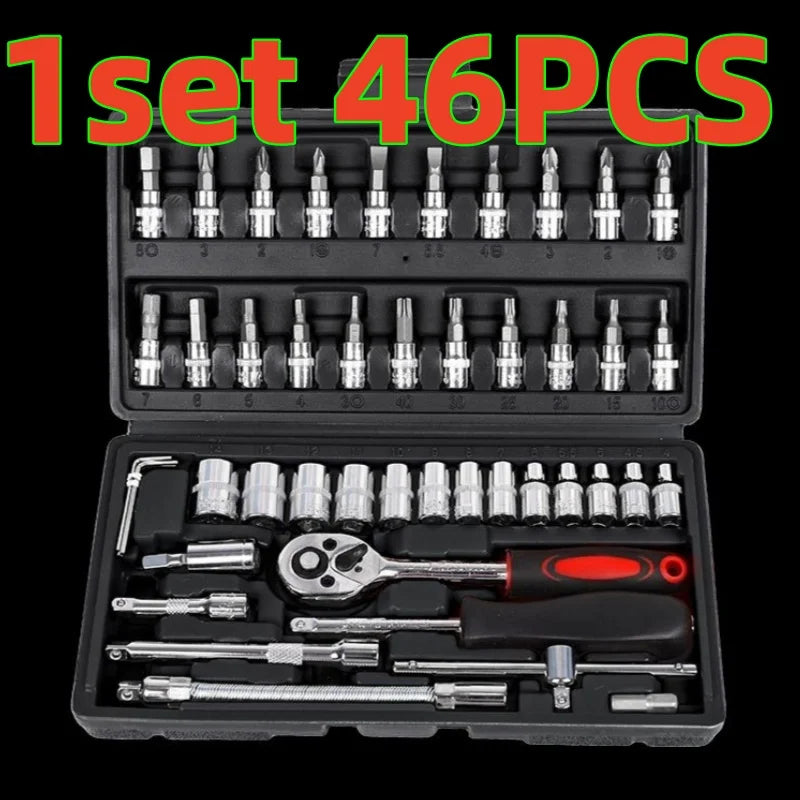 1 Set di 46 Pezzi per Riparazione Auto, Cassetta degli Attrezzi con Chiave a Cricchetto, Kit di Riparazione con Bussole per Manutenzione Auto, Kit di Ferramenta, Kit Multifunzionale per Riparazione Auto