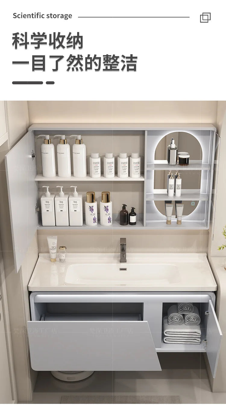Mobile Bagno Moderno Intelligente con Lavabo Integrato in Ceramica, Armadietti in Rovere, Specchio LED e Mobiletto - Arredamento Bagno