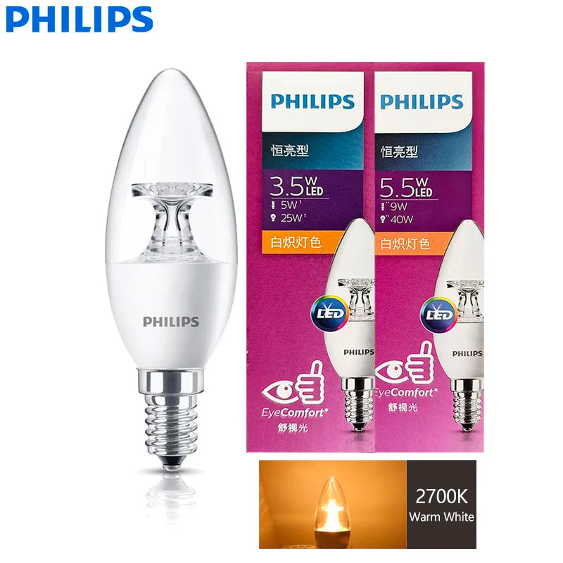 Philips LED Candela E14 Lampada 3.5W 5.5W B Lampadina MyCare 2700K Luce calda EyeComfort 220V-240V Lampada lampadario in cristallo LED trasparente, 1x