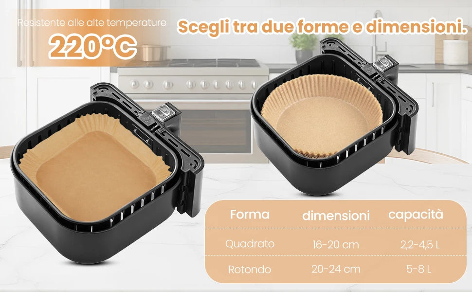 Carta forno per friggitrice ad aria, 100 pezzi contenitori usa e getta in carta per teglia friggitrice ad aria, accessori friggitrice ad aria per Microonde, 16cm x 4.5cm