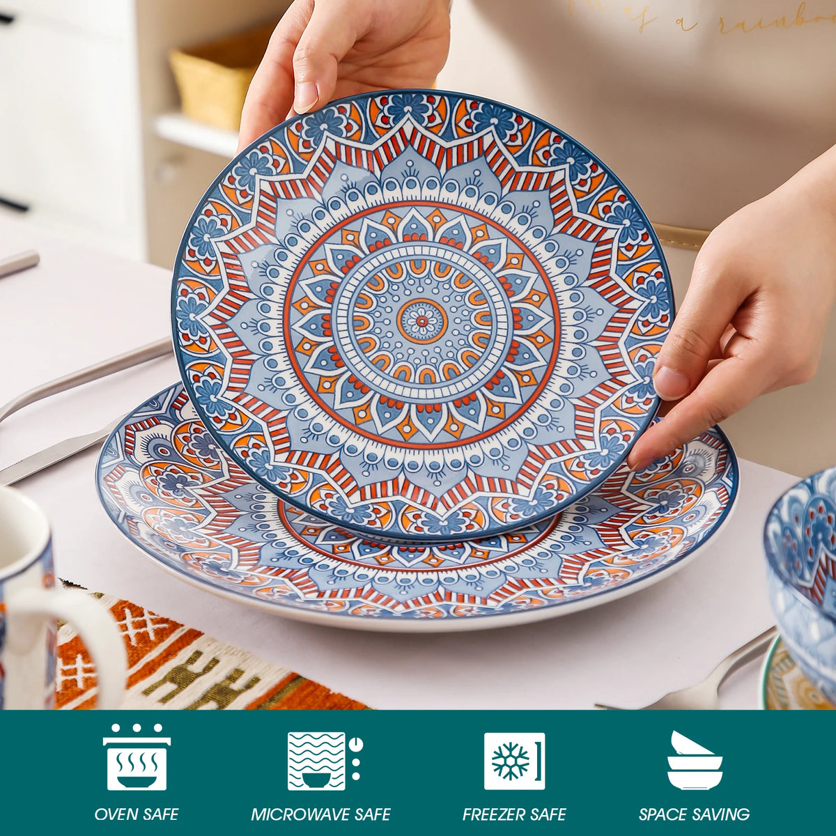 Vancasso 16/32 pezzi piatto ceramico set di stoviglie in porcellana con motivo mandala bohémien con piatto piano, piatto da dessert, ciotola, tazza