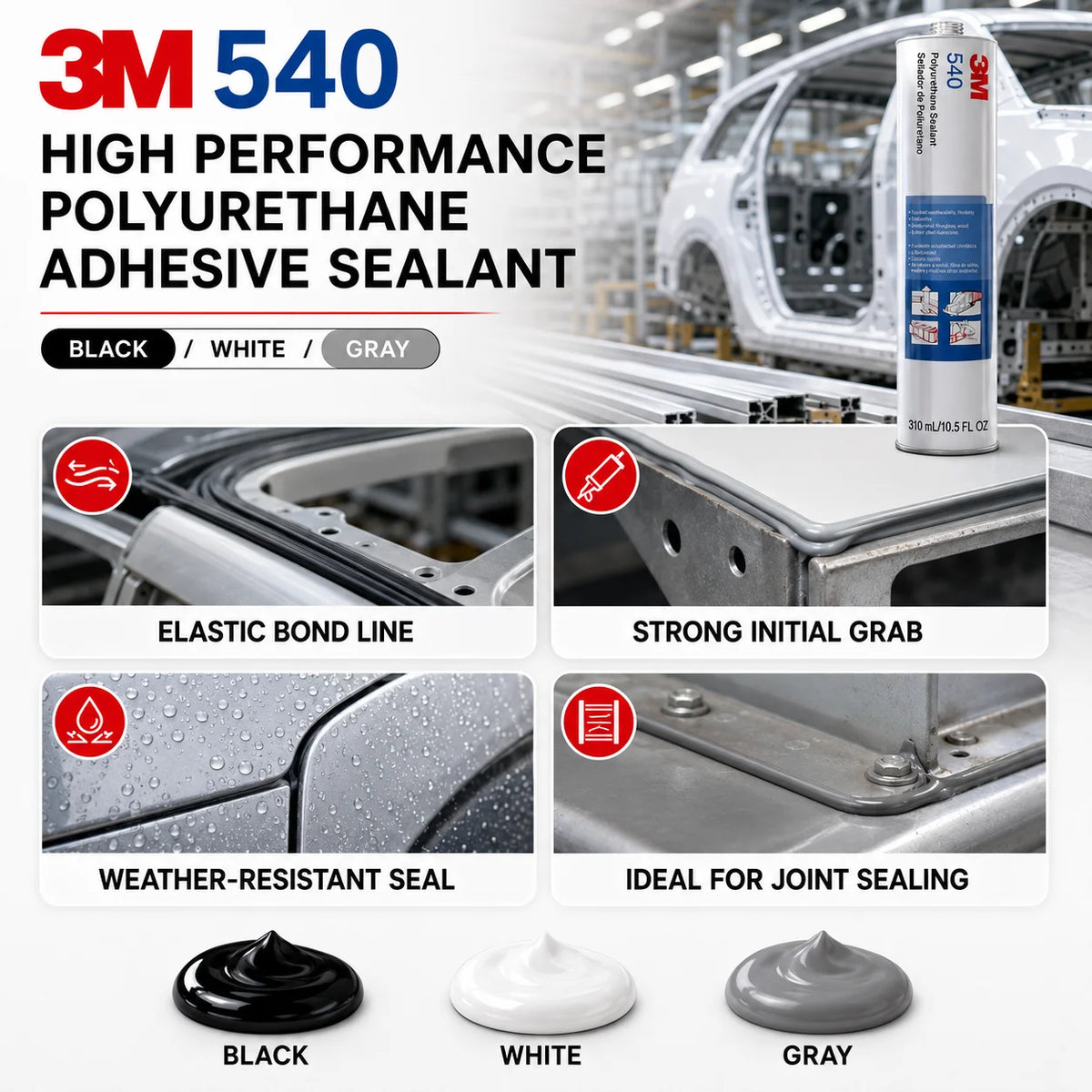 Sigillante Adesivo Poliuretanico Professionale 3M 540 per Pannelli Metallici Automobilistici e Giunti di Costruzione per Meccanici e Appaltatori