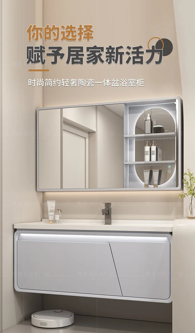 Mobile Bagno Moderno Intelligente con Lavabo Integrato in Ceramica, Armadietti in Rovere, Specchio LED e Mobiletto - Arredamento Bagno