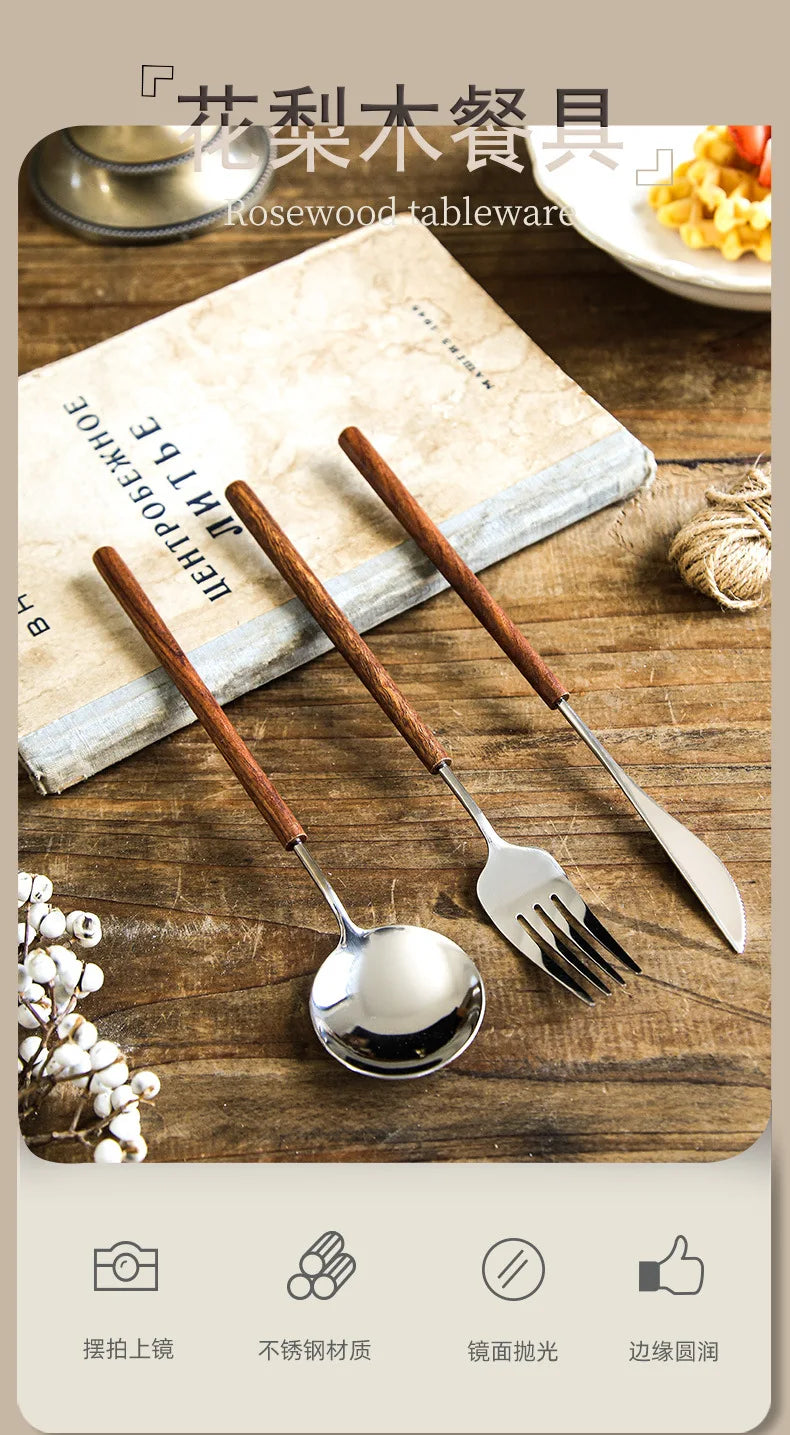 Set di posate di lusso leggero per hotel in acciaio inossidabile con manico in palissandro vintage, coltello da bistecca, forchetta e cucchiaio