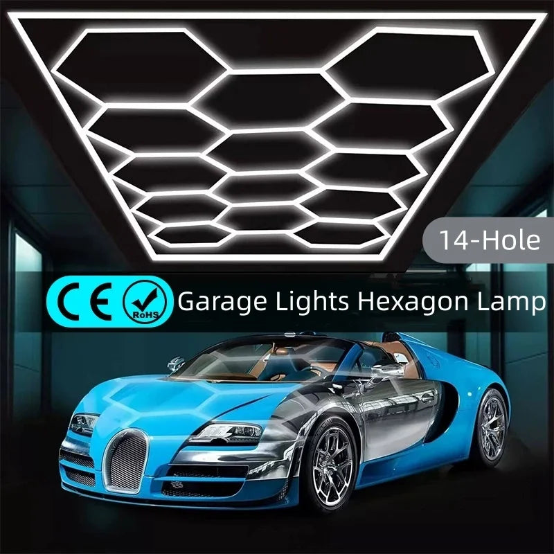 14 griglie con telaio luci da garage esagonali 6500K 672W a nido d'ape led per officina barbiere palestra soffitto negozio seminterrato