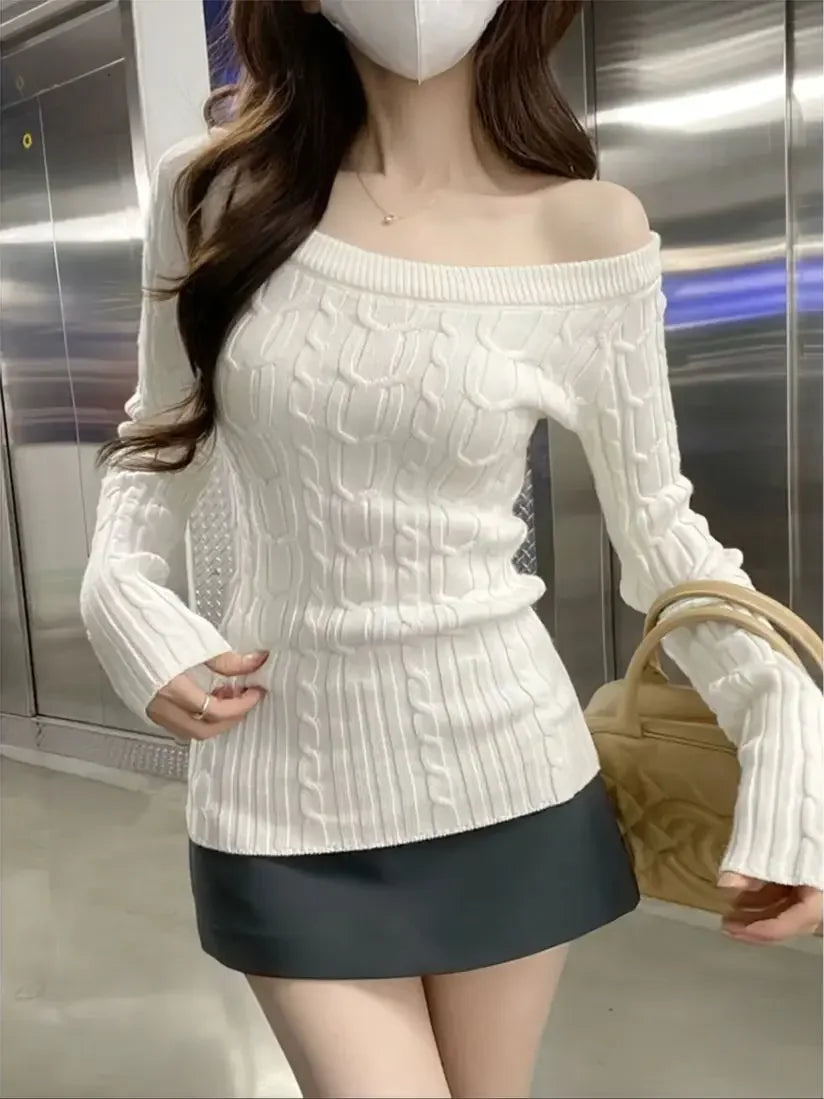 Maglione casual a coste con spalle scoperte, pullover da donna a maniche lunghe, maglietta basic bianca, pullover slim, top sexy da donna con una spalla scoperta, nuovo