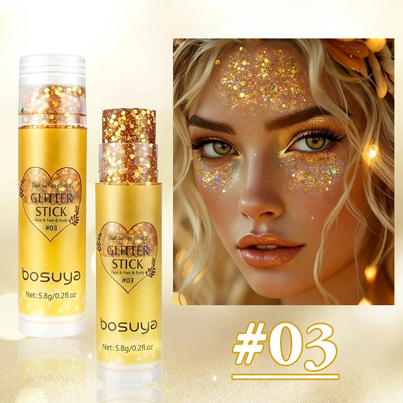Stick Gel Glitterato con Paillettes Scintillanti, Ombretto Perlato Dorato ad Alta Lucentezza, Glitter per Viso e Corpo, Trucco per Feste Natalizie