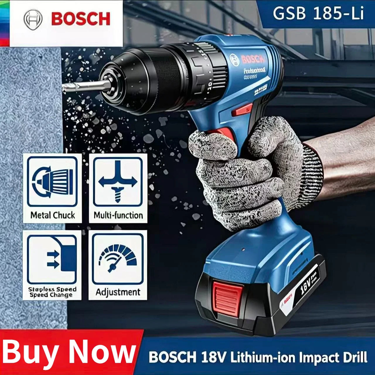 Bosch GSB 185-LI Trapano a Percussione Senza Spazzole 18V 1900RPM Cacciavite Elettrico Multifunzione Utensili Elettrici (Senza Batteria)