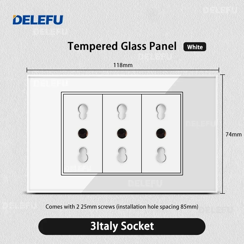 DELEFU Presa a Muro in Vetro Temperato Bianco Italia USB Tipo C Ricarica Rapida Interruttore Schuko TV Satellitare Citofono Cile