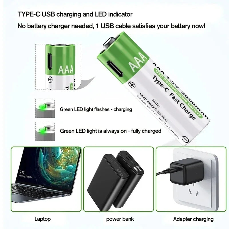 2026 NUOVA Batteria agli Ioni di Litio Tipo-C Ricaricabile ad Alta Capacità AA&AAA per Telecomando, Mouse, Giocattoli Elettrici