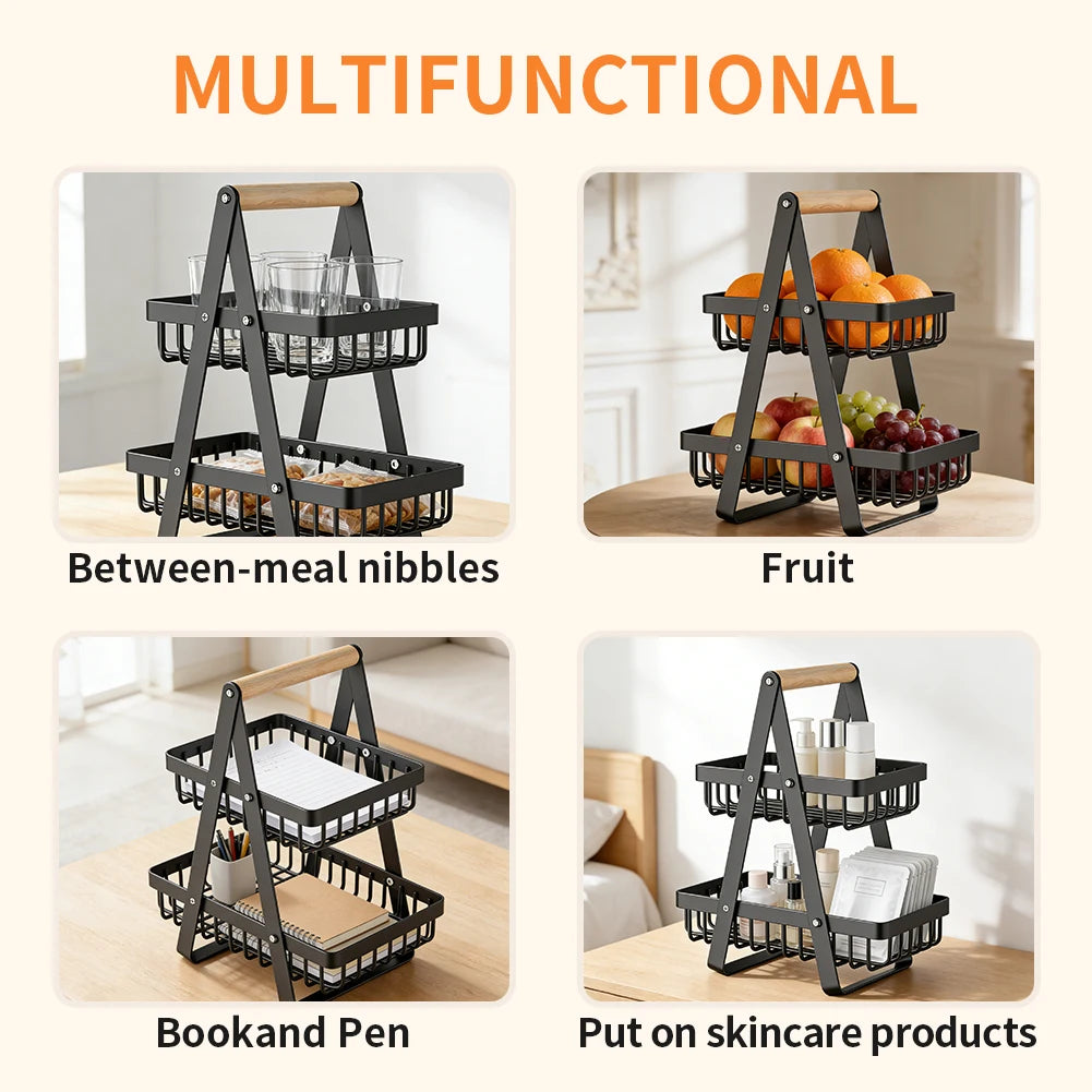 Cestino portafrutta e verdura a 2 e 3 livelli con manico in legno, ciotola multifunzionale in metallo per frutta e verdura, supporto per pane e snack, scaffale organizzatore per prodotti alimentari, espositore per alimenti da