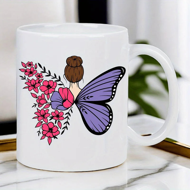 Tazza bianca in ceramica con farfalle e fiori - Perfetta per caffè mattutino, tè o cioccolata calda - Regalo unico per farfalla
