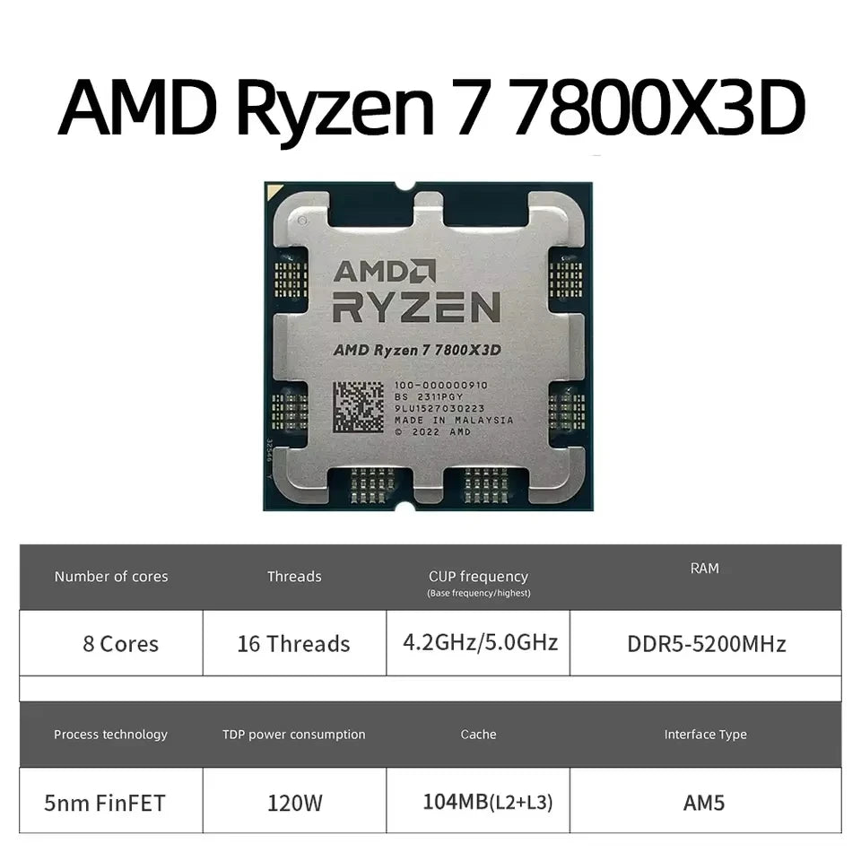 Processore da Gaming AMD Ryzen 7 7800X3D, 8-Core 96MB 3D V-Cache, Socket AM5, 5.0GHz, Ventola Non Inclusa