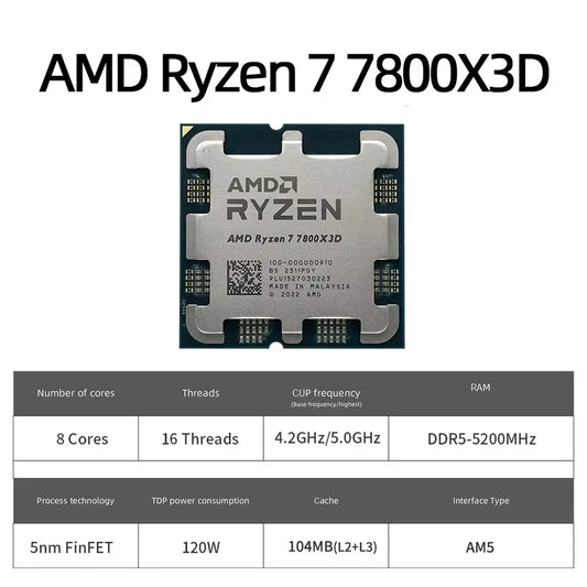 Processore Gaming AMD Ryzen 7 7800X3D, 8-Core 96MB 3D V-Cache, Socket AM5, 5.0GHz, Ventola Non Inclusa