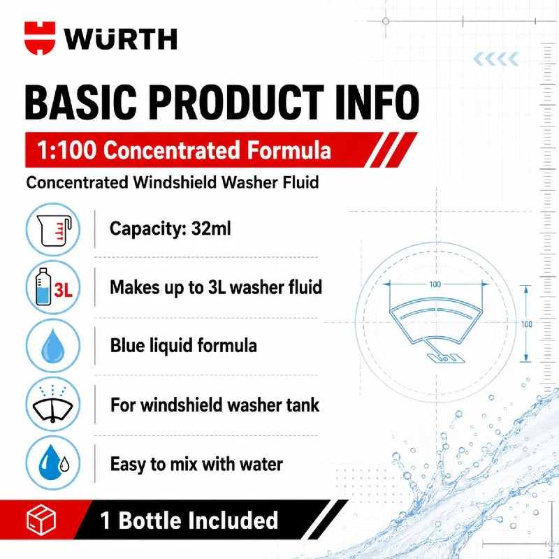 Liquido Lavavetri Concentrato Wurth 1:100, Detergente per Vetri Auto, Rimuovi Pellicola Oleosa e Residui di Insetti, Additivo per Tergicristalli 32ml