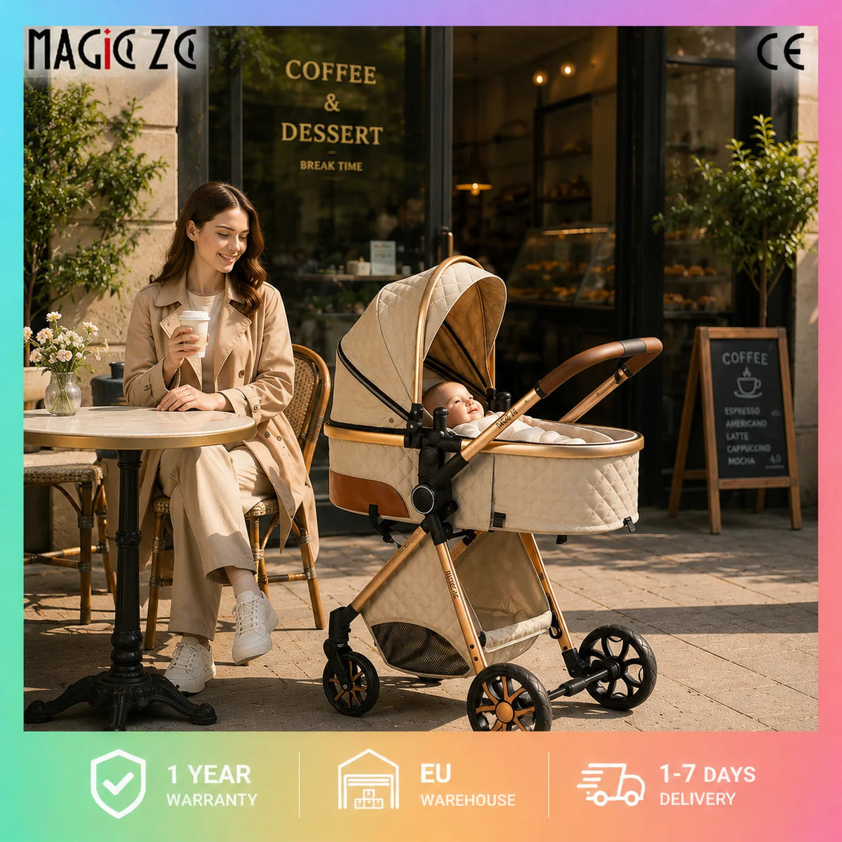 Passeggino Magic ZC 3 in 1, Sistema da Viaggio Compatto e Pieghevole con Navicella, Seggiolino Auto per Neonati e Seduta Reversibile, Carrozzina High Landscape, Ruote Ammortizzate, Manubrio Regolabile, Chiusura con Una Mano,