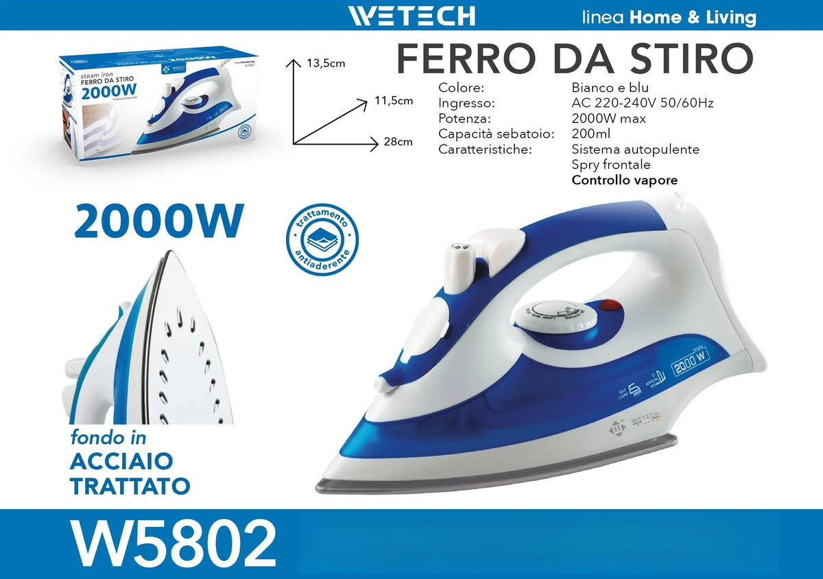 Ferro da stiro elettrico a vapore WETECH, serie W5801‑W5806, potenza massima 1200‑2200W, ideale per la stiratura dei capi, con funzione di autopulizia, controllo del vapore regolabile, piastra in acciaio/ceramica/antisciv