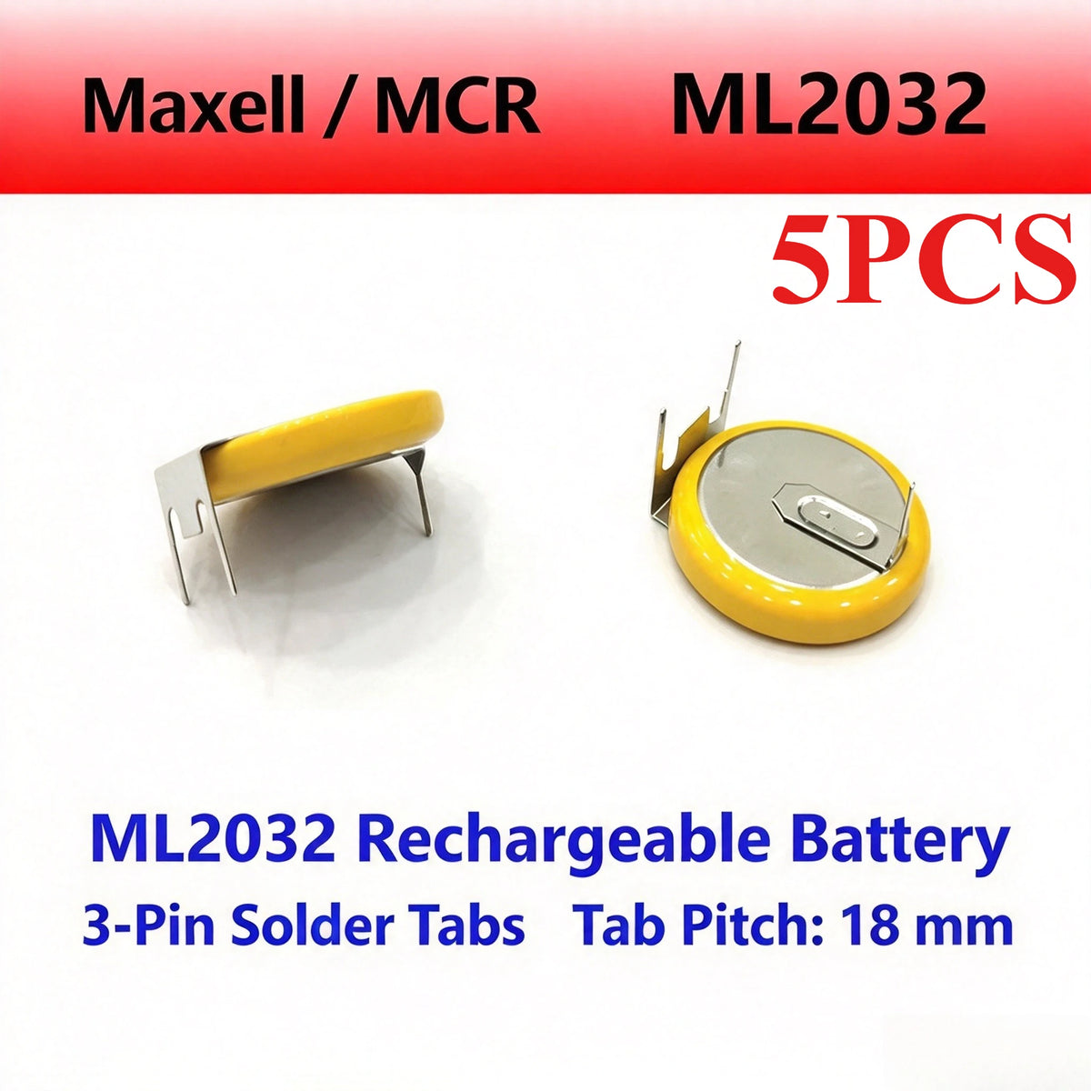 Batteria a bottone ricaricabile al litio Maxell ML2032 con terminali per saldatura, 3V, distanza tra i piedini 20 mm, per schede madri CMOS