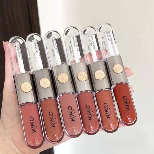 KIKO Matte Fusion Pressed Powder e Double Touch Lip Gloss 2 in 1 Set Trucco Viso e Labbra a Lunga Durata con Controllo dell'Olio, Specchio e Spugnetta