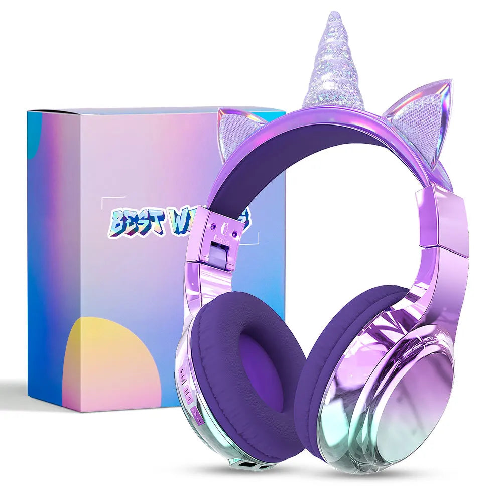 Cuffie wireless Unicorno per bambini Ragazze Auricolari Bluetooth Cuffie pieghevoli con orecchie di gatto per viaggi scolastici Cuffie per bambini
