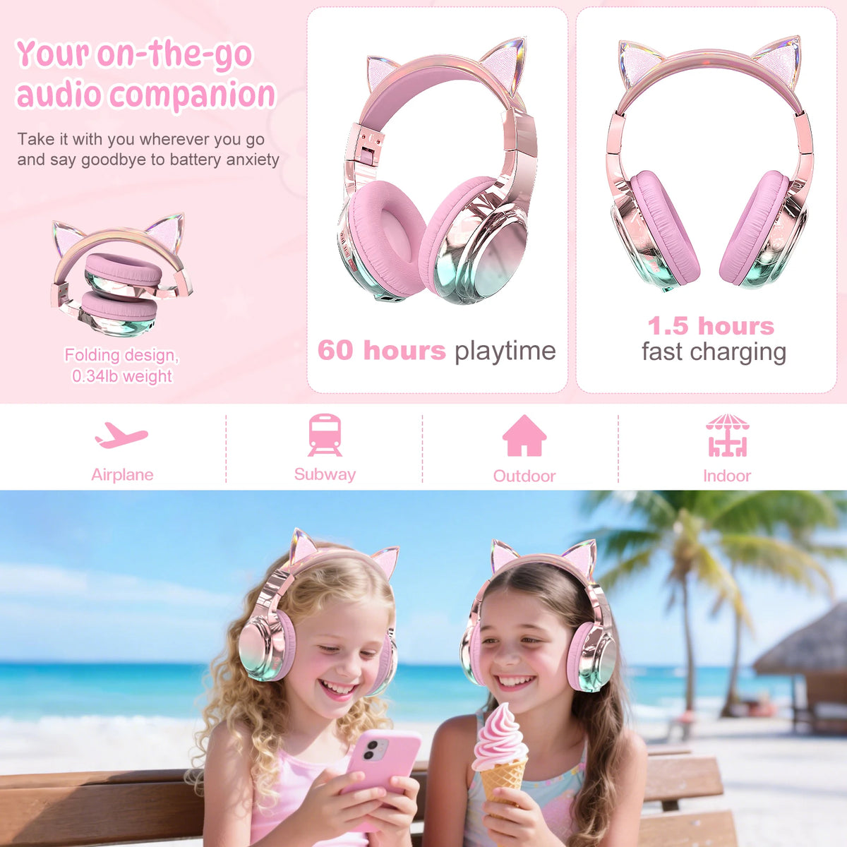 Cuffie wireless a forma di orecchie di gatto per ragazze e bambini, cuffie Bluetooth con volume sicuro 74/85/94dB, cuffie pieghevoli per bambini, ideali per i viaggi