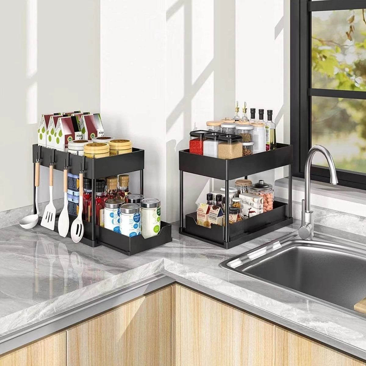 Nuovo Organizzatore Sottolavello a 2 Livelli, Ripiano Scorrevole Estraibile, Scaffale Multifunzione per Cucina e Bagno, Organizzatore Salvaspazio per Armadietti