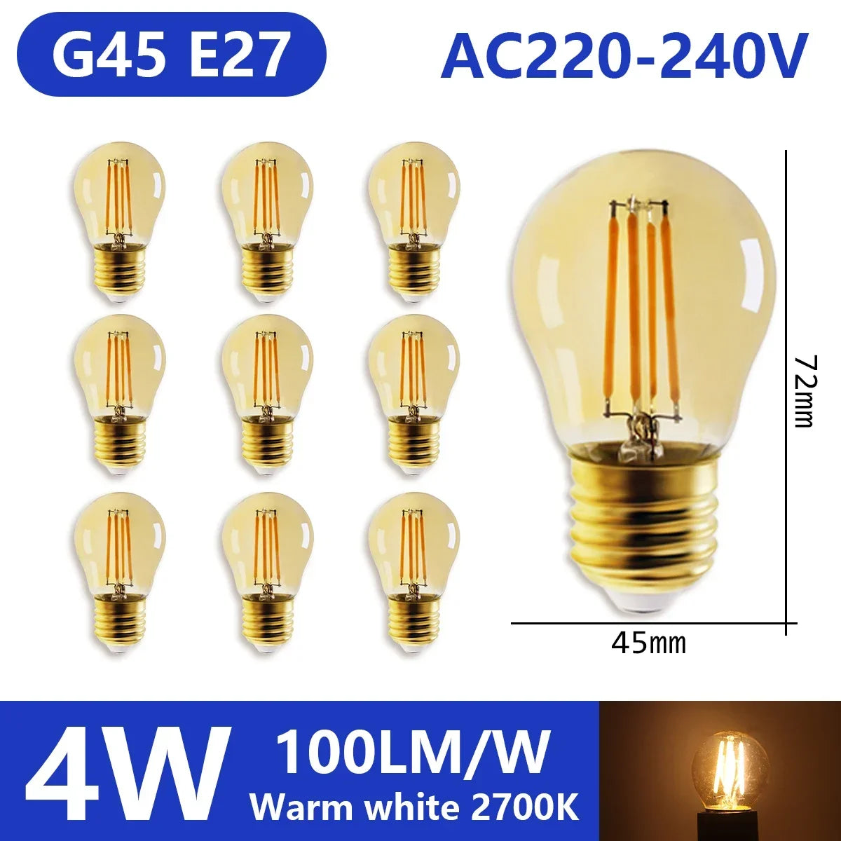 Confezione da 10 lampadine a filamento LED per E27 B22 220V 240V 4W 6W 9W Lampadine a LED bianche calde Lampada in vetro vintage