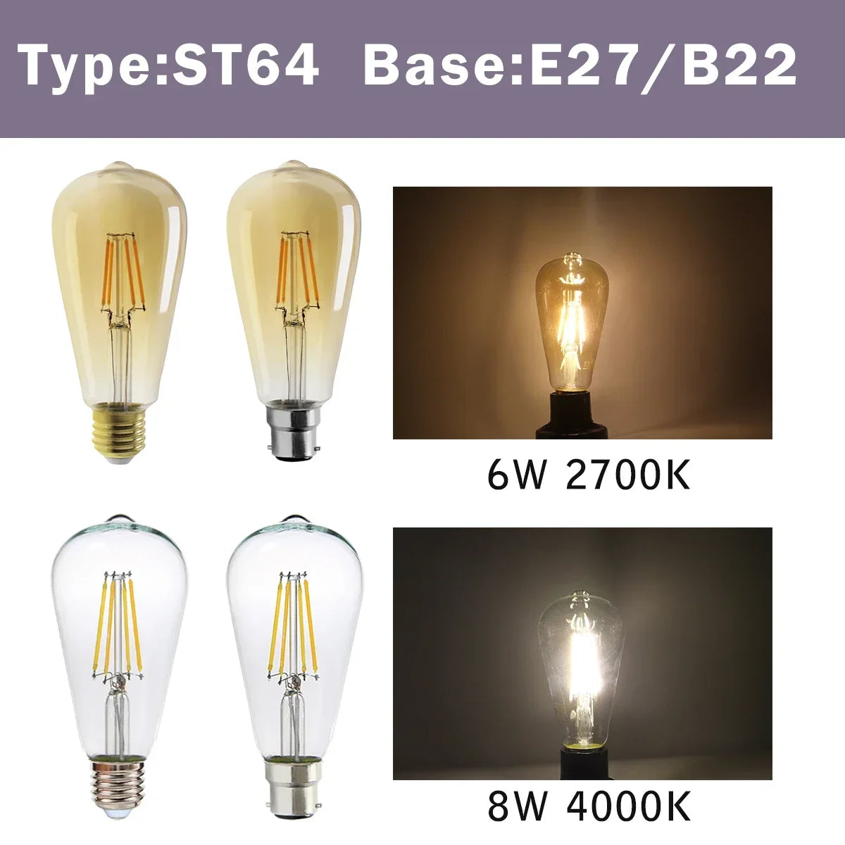 Confezione da 10 lampadine a filamento LED per E27 B22 220V 240V 4W 6W 9W Lampadine a LED bianche calde Lampada in vetro vintage