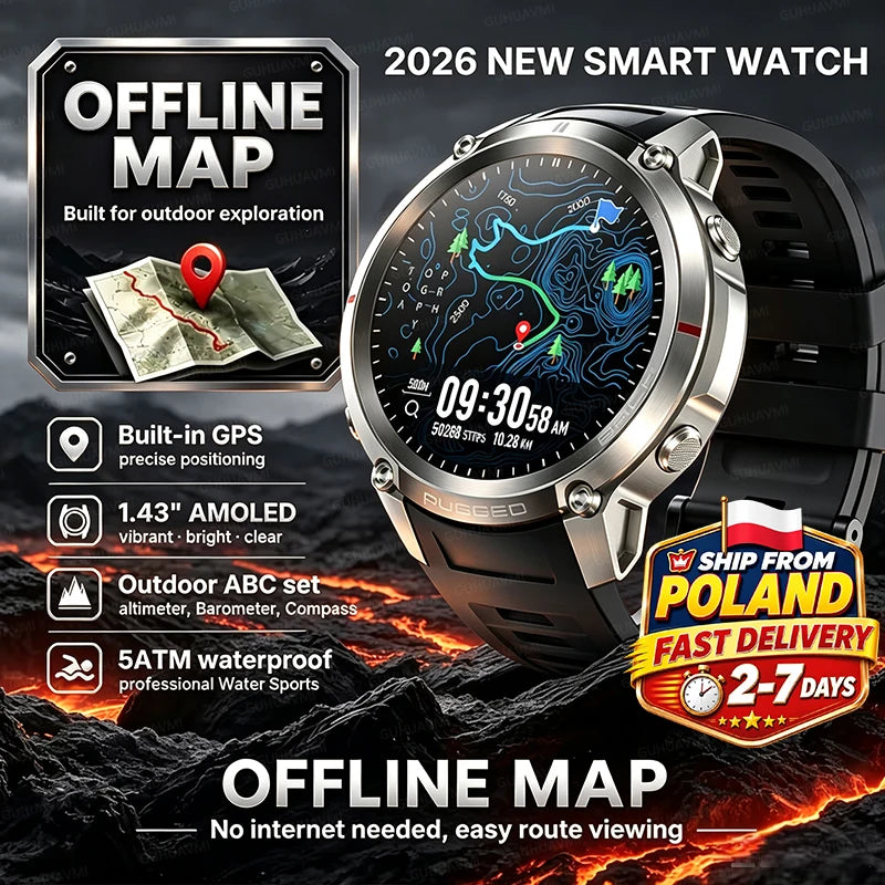 2026 NUOVO Smartwatch con Mappe Offline per Uomo, Display AMOLED HD da 1,43 Pollici, GPS Esterno Integrato, Bussola, Altimetro, Impermeabile 5ATM, Orologio Sportivo per Nuoto, Ciclismo e Corsa