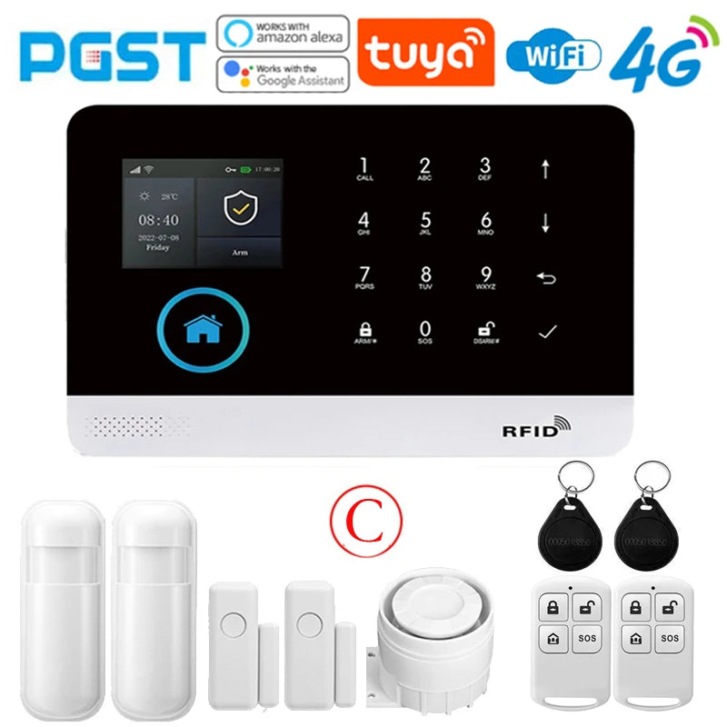 Sistema di allarme domestico PGST, 4G, WIFI, GSM, allarme di sicurezza, antifurto con sensore di movimento per porte, controllo tramite l'app Tuya Smart, compatibile con