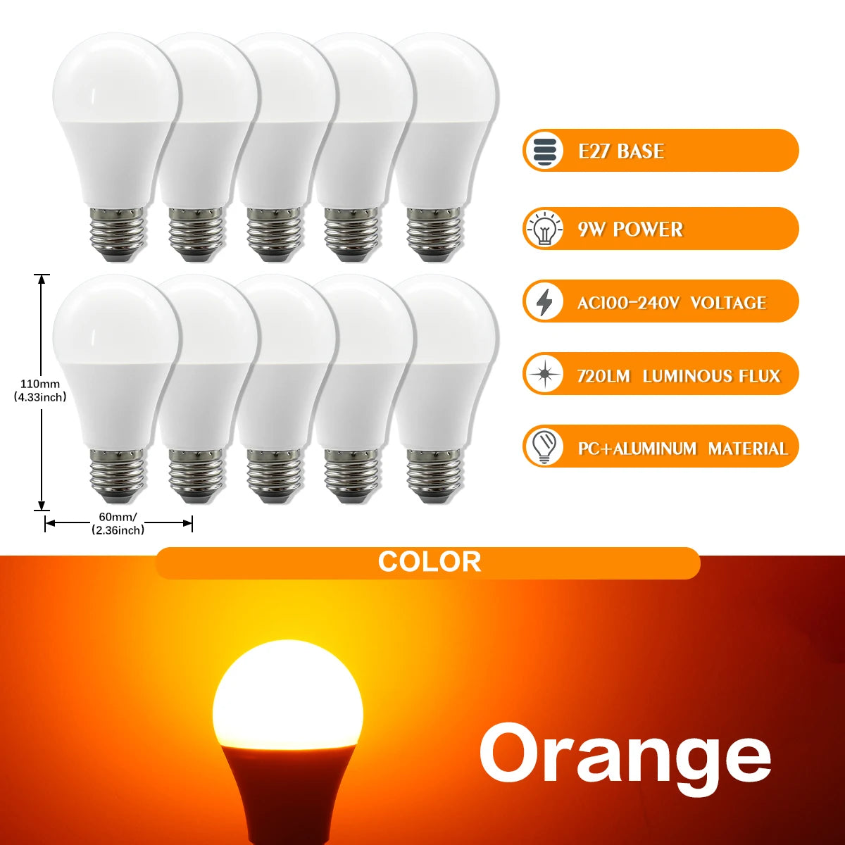 10 Lampadine LED E27 2200K 3000K 4000K 6000K AC100-240V Rosso Verde Illuminazione Colorata di Alta Qualità in Vetro PC per Arredamento Casa
