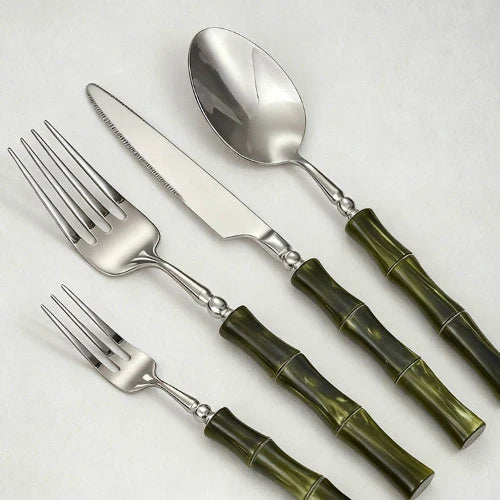 Set di Posate in Resina Stile Bambù, Acciaio Inossidabile 304, Posate Classiche, Opzioni da 1/3/4 Pezzi per Casa e Cucina