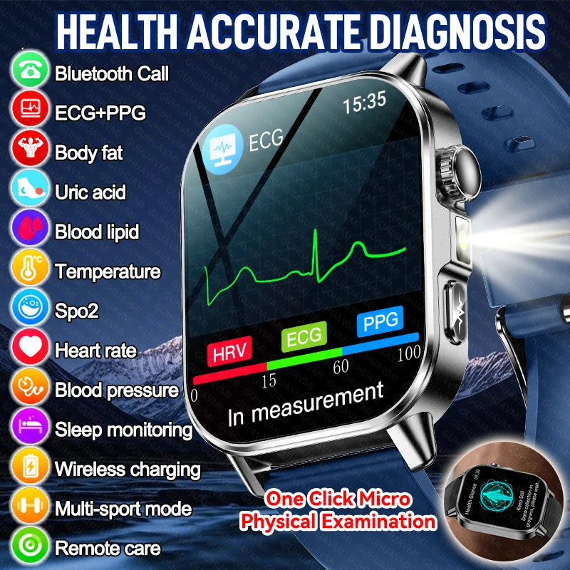 Nuovo Smartwatch per Uomo con Diagnosi ECG Accurata, Misurazione di Pressione Sanguigna, Ossigeno nel Sangue, Grasso nel Sangue, Acido Urico, Temperatura, Chiamate Bluetooth