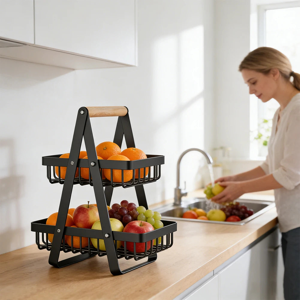 Cestino portafrutta e verdura a 2 e 3 livelli con manico in legno, ciotola multifunzionale in metallo per frutta e verdura, supporto per pane e snack, scaffale organizzatore per prodotti alimentari, espositore per alimenti da