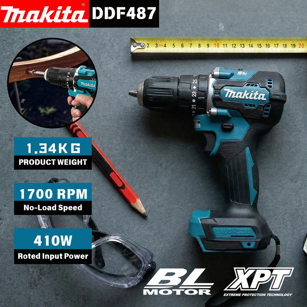 Trapano Avvitatore a Batteria Makita Originale DDF487 18V Brushless, 2 Velocità, Mandrino Autoserrante da 10mm per Fai-da-Te e Ristrutturazioni