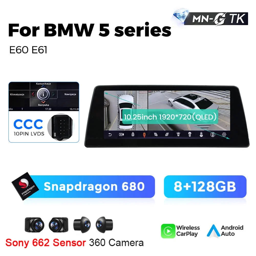 Mekede 10.25/12.3 pollici QLED Android 14 Snapdragon 128GB ROM CarPlay Wireless Auto Multimedia per BMW Serie 5 E60 E61 E62 E63 E64 Sistema CCC CIC Navigazione GPS Doppio BT 4G WiFi DSP