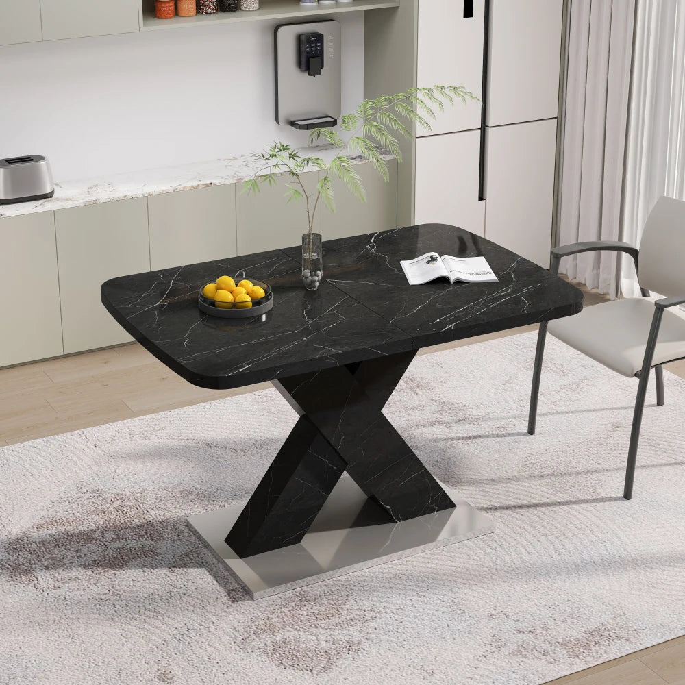 Tavolo da pranzo rettangolare moderno da 120 cm-160 cm, piano da tavolo in marmo nero stampato estensibile + gamba da tavolo a forma di X in MDF con base in metallo