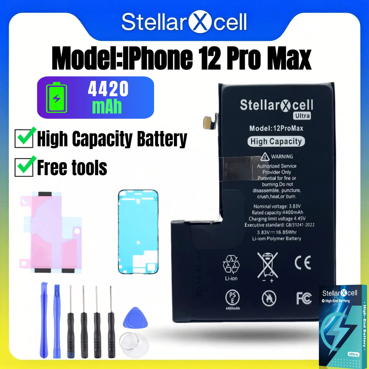 Batteria StellarXcell Ultra per iPhone, Spedita dalla Germania, per iPhone 7 8 X XR XS XSMAX 11 12 13 14 15 Mini Plus Pro Promax, Batteria ad Alta Capacità, Batteria di Alta Qualità, Batteria Sostitutiva per iPhone con Stru