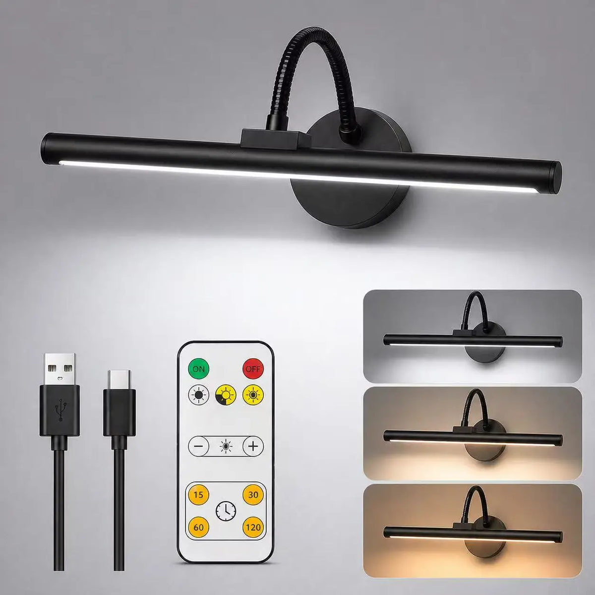 Lampada per Quadri da Parete Nera Ricaricabile Senza Fili con Telecomando, Luce LED Magnetica per Dipinti con Display a Colori