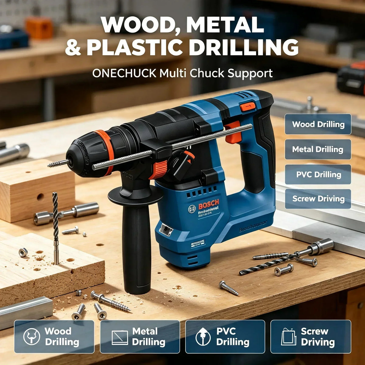  Bosch 18V-18 X Trapano Tassellatore Rotativo a Batteria Leggero Brushless 2-in-1 per Calcestruzzo