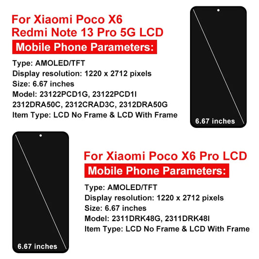 Display OLED per Xiaomi Poco X6, schermo LCD con digitalizzatore touch per Redmi Note 13 Pro 5G, modello 23122PCD1G, assemblaggio per Poco X6 Pro, display LCD K70E.