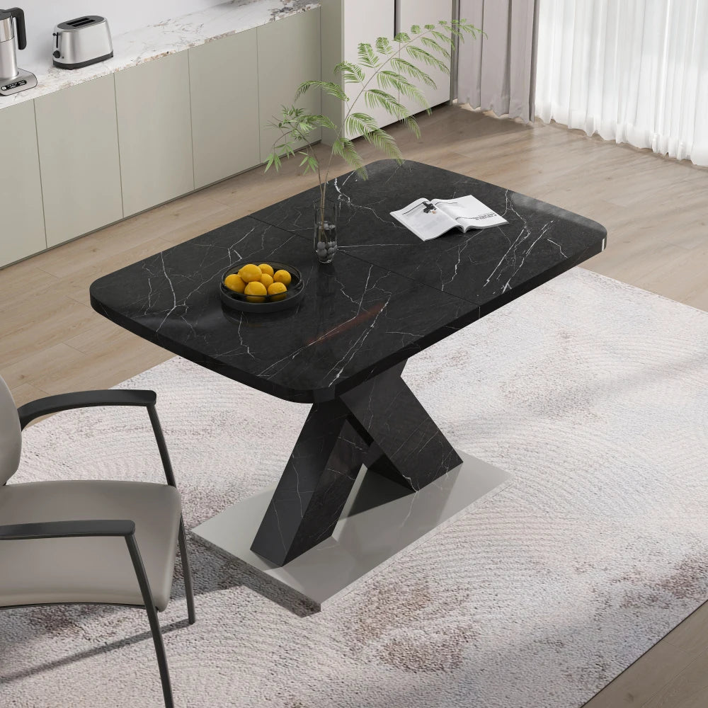 Tavolo da pranzo rettangolare moderno da 120 cm-160 cm, piano da tavolo in marmo nero stampato estensibile + gamba da tavolo a forma di X in MDF con base in metallo