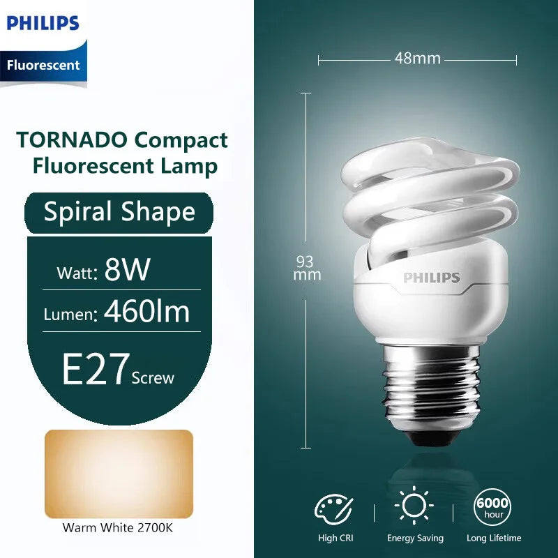 Philips Compact Fluorescent E27 Lampadine a risparmio energetico a luce spirale Serie Tornado 8W 12W 15W 2700K 6500K Lampade a forma di torsione