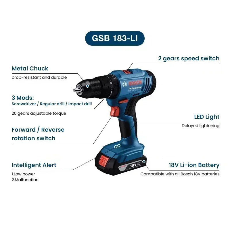 Trapano a Percussione Senza Spazzole Bosch GSB 183-LI 18V 56Nm, Avvitatore Elettrico Cordless per Legno e Metallo