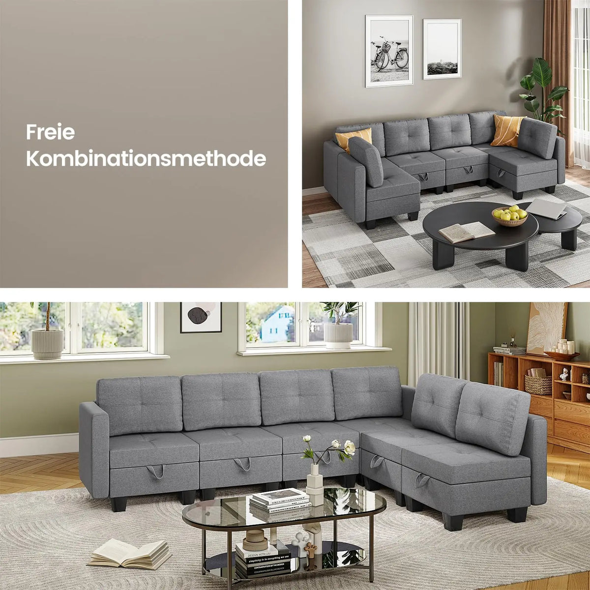Divano componibile con spazio contenitore, chaise longue trasformabile per soggiorno e camera da letto